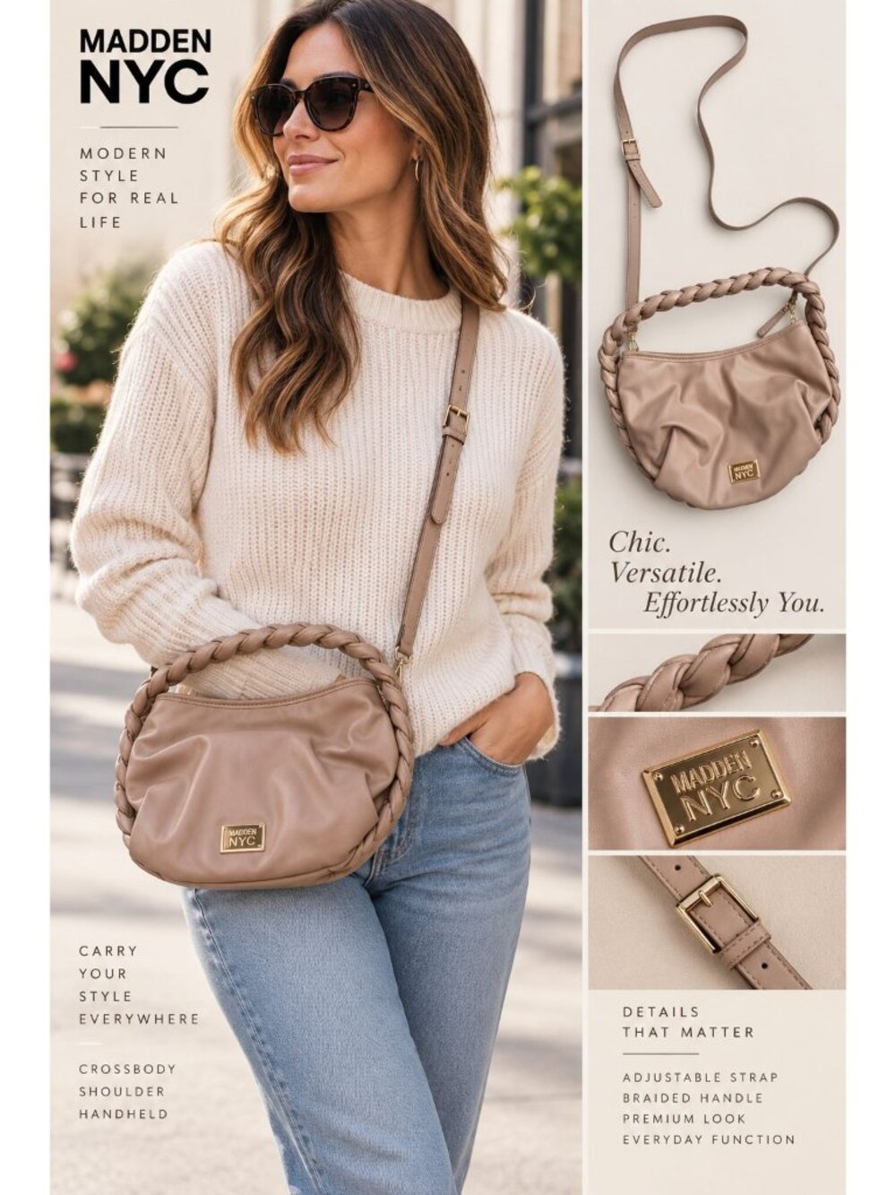 Madden NYC Beige Crossbody Bag Braided Handle Faux Leather Purse MNY-204 NWOT - Picture 10 of 10